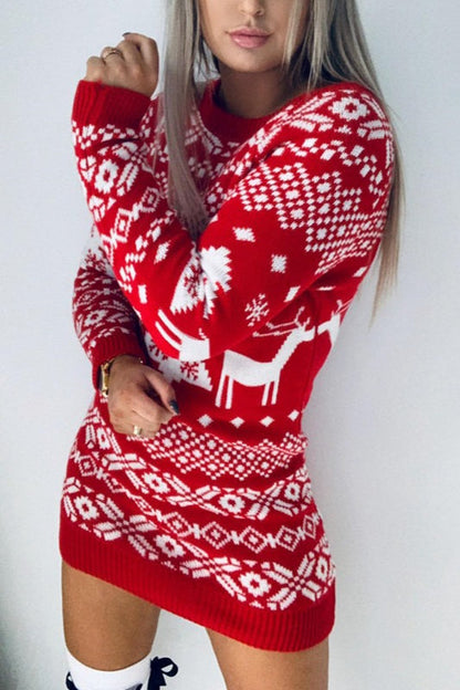 Knit Christmas Print Long Sleeve Bodycon Mini Dress