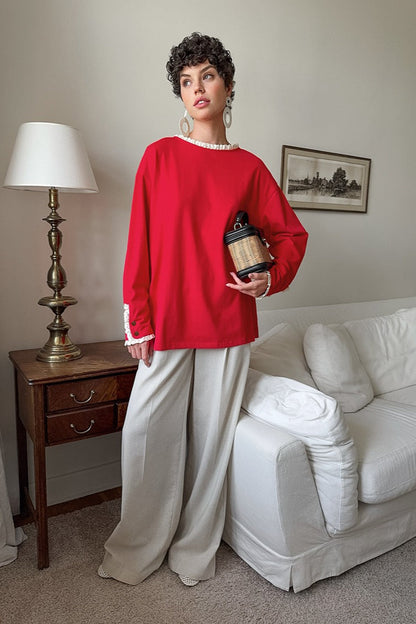 Ruffled Trim Paneled Loose Round Neck Long Sleeve Tee