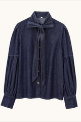 Bow Neck Balloon Sleeve Denim Blouse