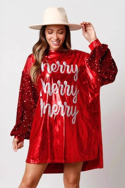 Sleeve Paneled Crew Neck Printed Sequin Dress
