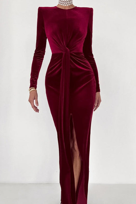 Sultry High Slit Angora Red Velvet Dress
