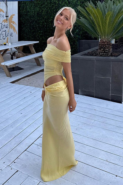 Off-the-Shoulder Ruched Tulle Paneled Cutout Maxi Dress