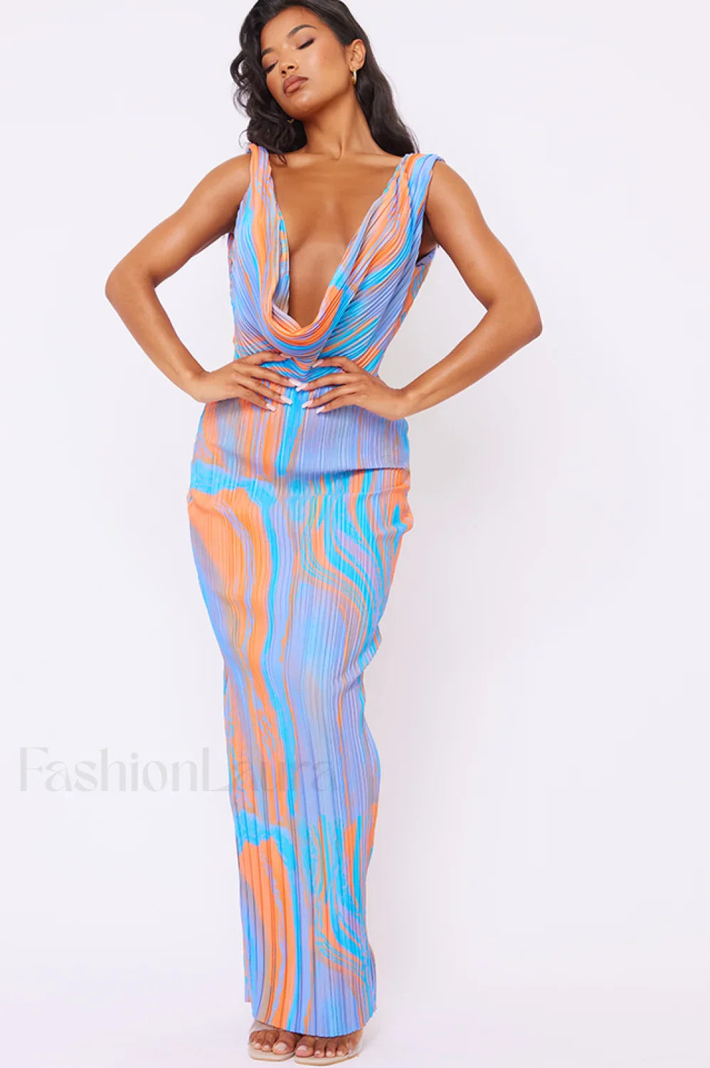Abstract Print Plisse Charming Cowl Plunge Maxi Dress S / 2#