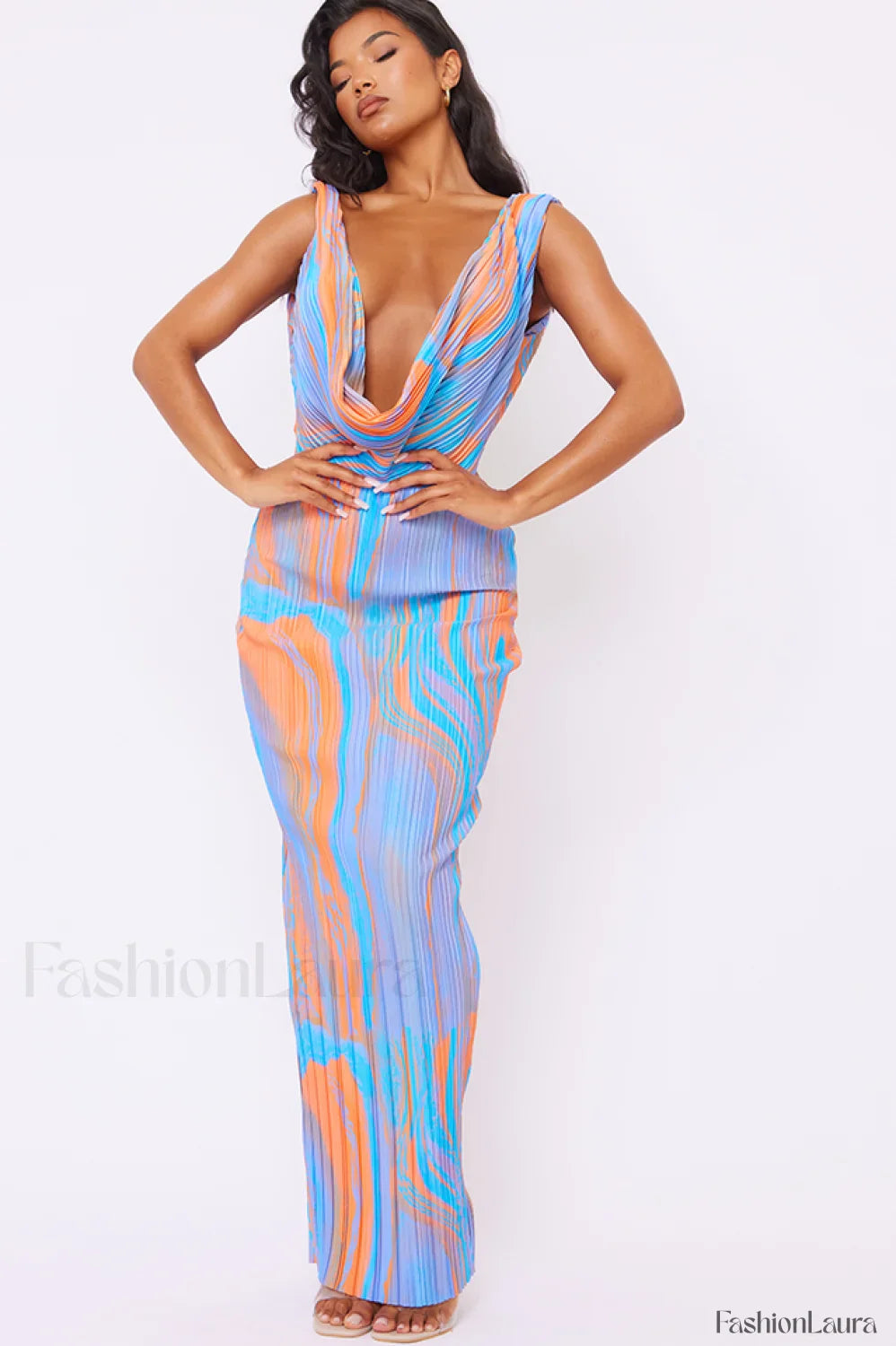 Abstract Print Plisse Charming Cowl Plunge Maxi Dress S / 2#