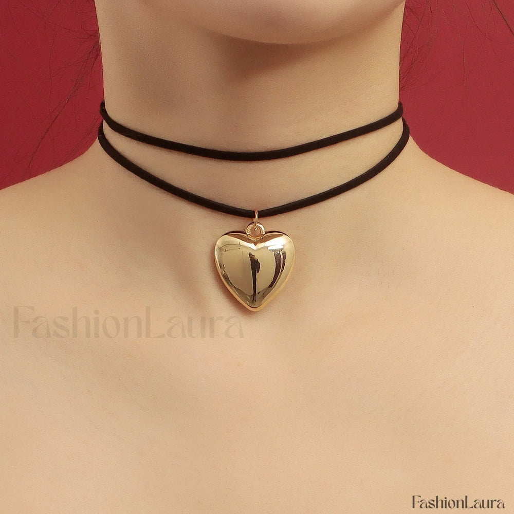 Adjustable Velvet Choker with Big Heart Pendant Necklace