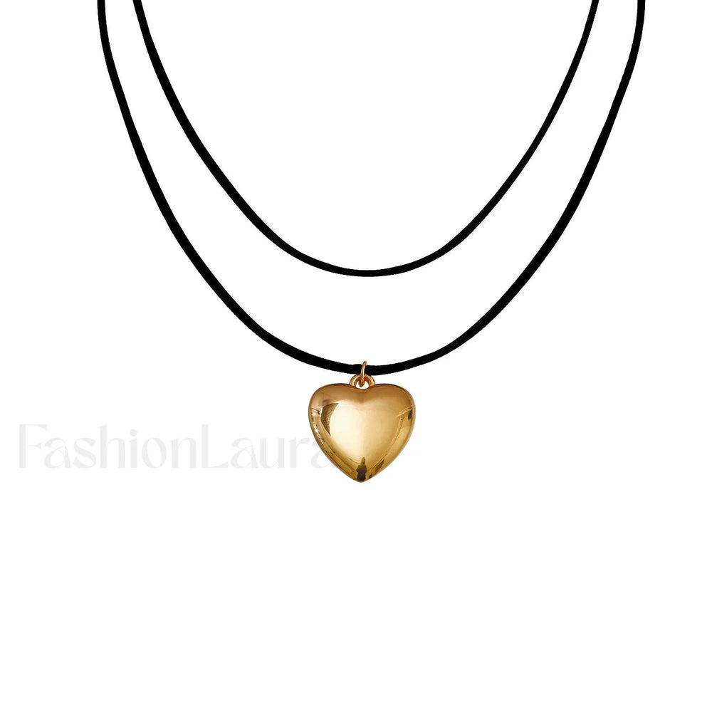 Adjustable Velvet Choker with Big Heart Pendant Necklace BLACK