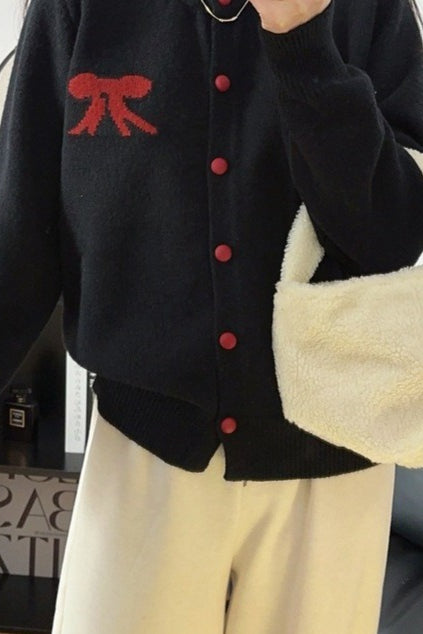 Soft Bow Jacquard Round Christmas Cardigan
