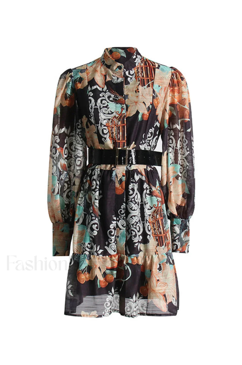 Alexandra Belted Stylish Mini Dress S / Azalea Print in Twilight