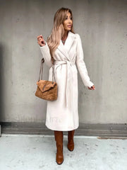 Autumn Winter V neck Button Warm Long Women Coat with Belt Overcoats