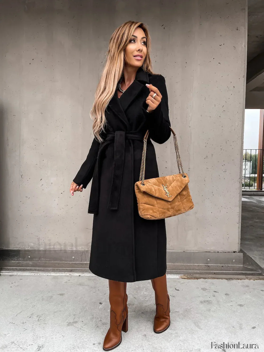 Autumn Winter V neck Button Warm Long Women Coat with Belt Overcoats Black / S