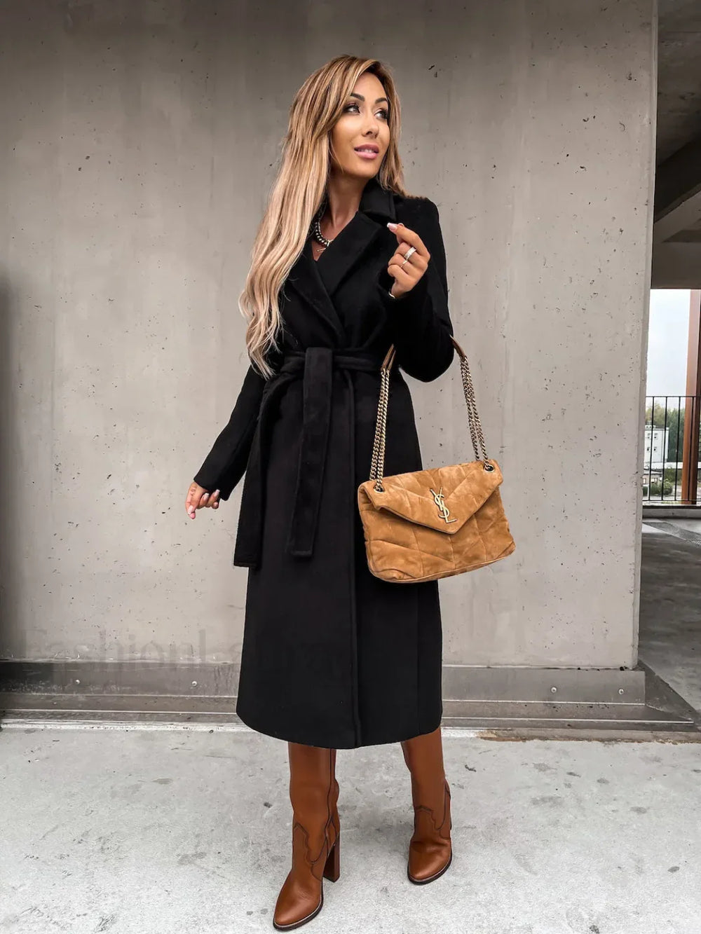 Autumn Winter V neck Button Warm Long Women Coat with Belt Overcoats Black / S