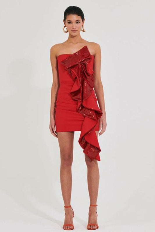 Christmas Glam Strapless Sash Off Shoulder Sequin Dress