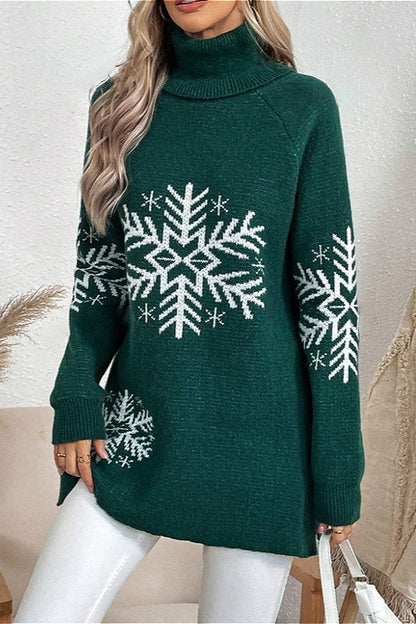 Solid Color Turtleneck Christmas Snowflake Print Sweater