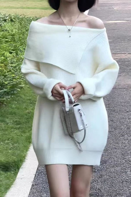 Relaxed Effortless Boat Neck Midi Knit Sweater Dress