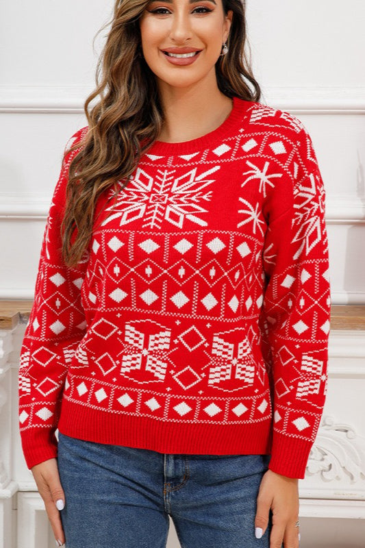 Chic Christmas Color Block Snowflake Print Sweater