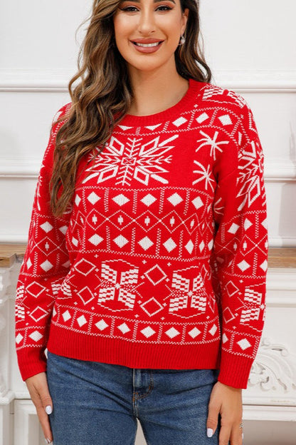 Chic Christmas Color Block Snowflake Print Sweater