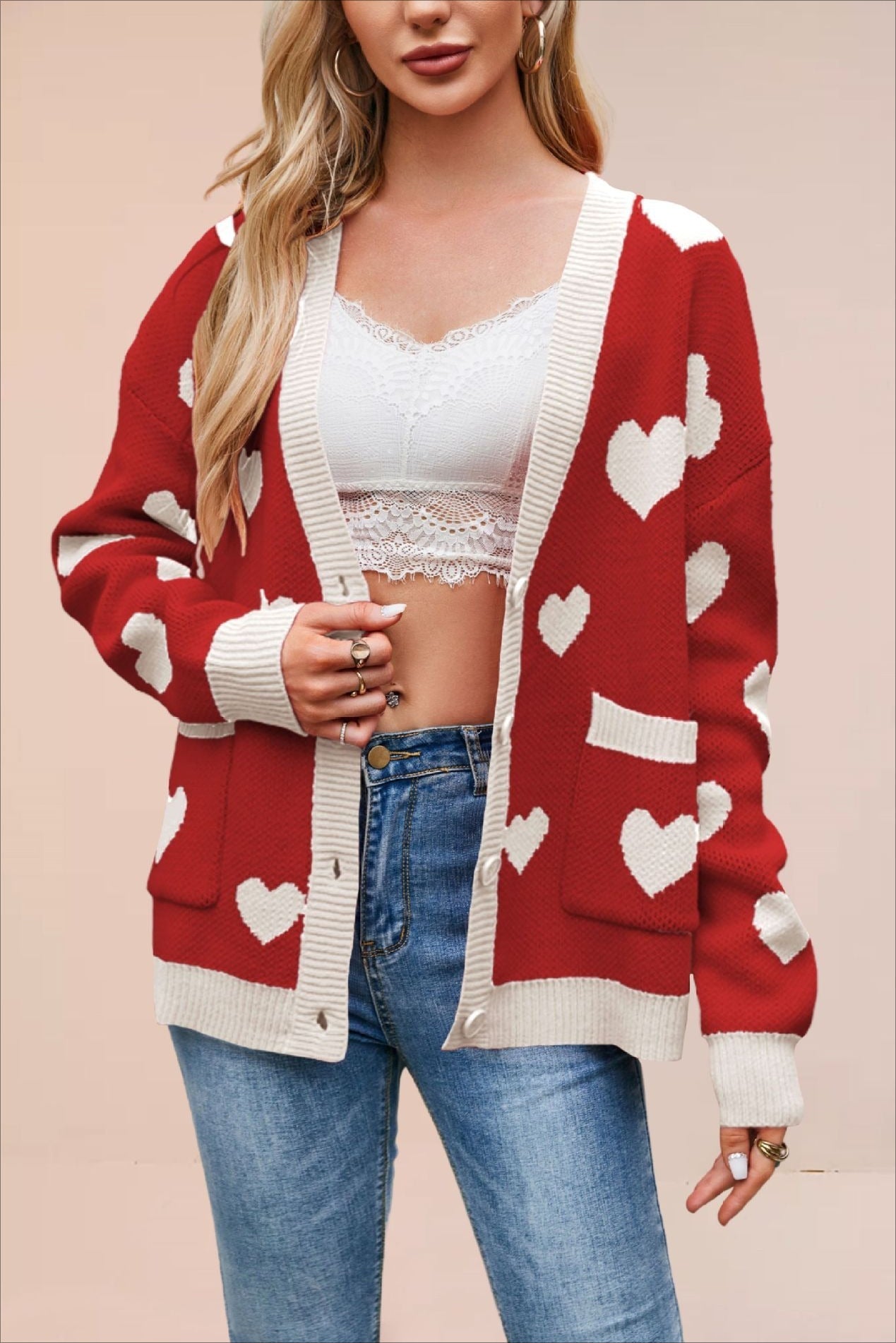 Heart Pocket V Neck Christmas Cardigan