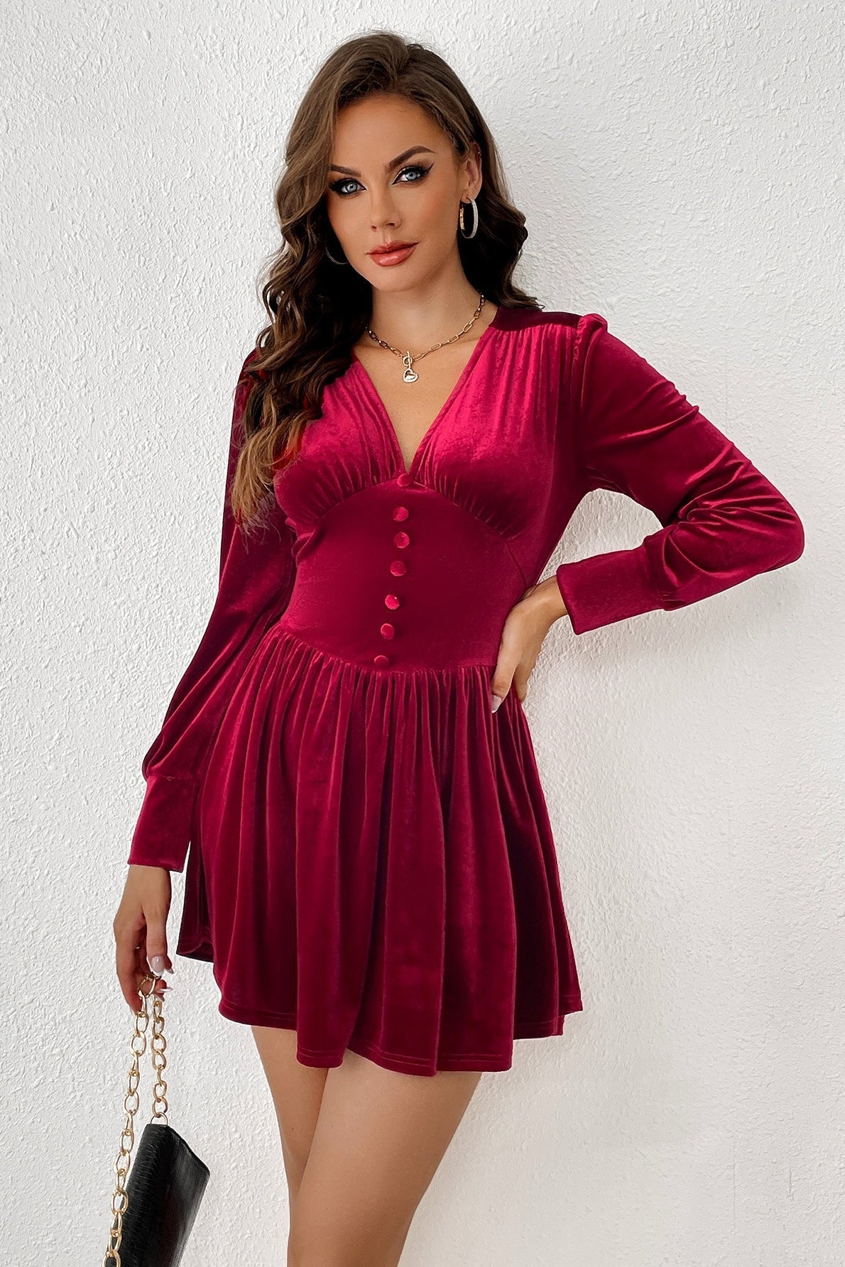 Velvet V-Neck Button Slim Long-Sleeve Mini Dress