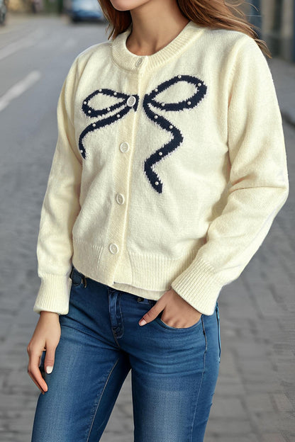 Solid Bow Jacquard Round Christmas Cardigan