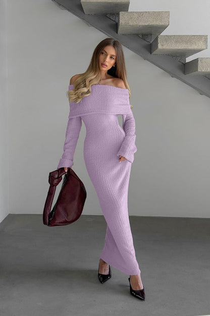 Knitted Off-the-Shoulder Elegant Fitted Waist Maxi Dress