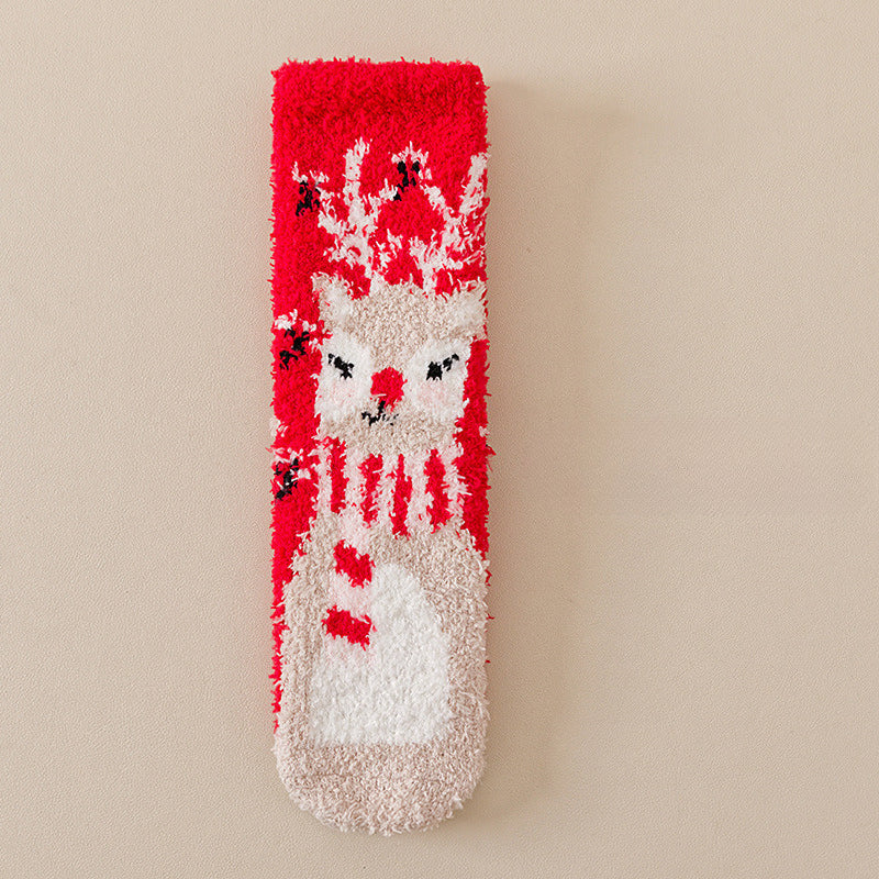 Cute Coral Fleece Thick Warm Mid Calf Christmas Socks