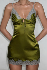Lace Trim Tie Front Satin Mini Dress