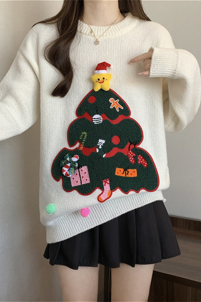 Christmas 3D Pom Pom Christmas Tree Print Sweater