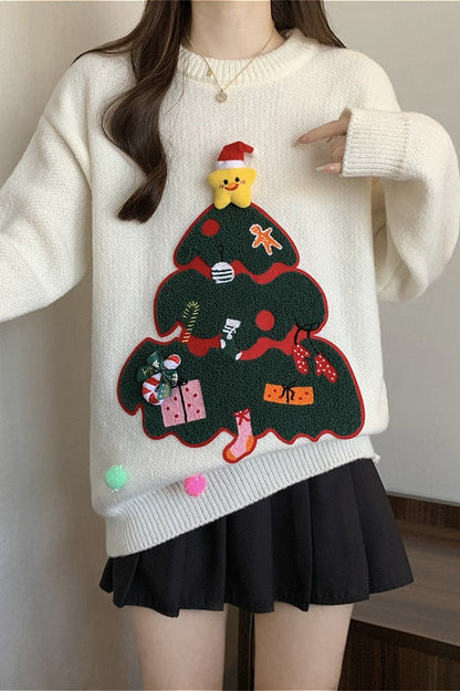 Christmas 3D Pom Pom Christmas Tree Print Sweater