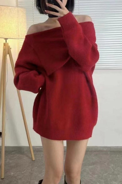 Relaxed Effortless Boat Neck Midi Knit Sweater Dress