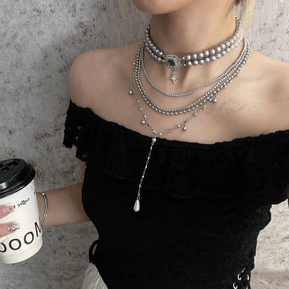 Baroque Layered Choker Cross Pearl Necklace SILVER