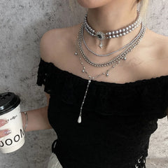 Baroque Layered Choker Cross Pearl Necklace SILVER