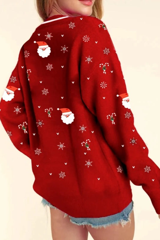 Santa Snowflake Print V Neck Christmas Cardigan