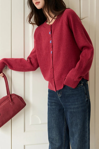 Round Neck Embroidered Buckle Christmas Cardigan