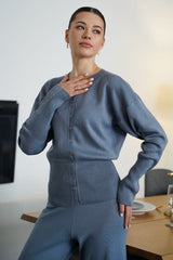 Round Neck Button Cardigan Flared Pants Knit Set