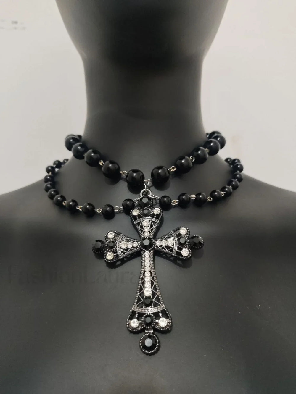 Beaded Cross Pearl Necklace for Gothic Halloween Gifts BLACK