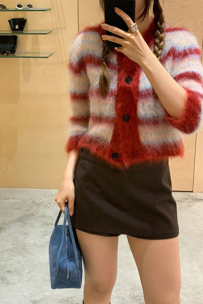 Striped Cropped Round Neck Christmas Cardigan