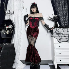 Black Fairy Grunge Women Gothic Velvet Lace Stitching Fall Sexy Fishtail Skirt BLACK / S