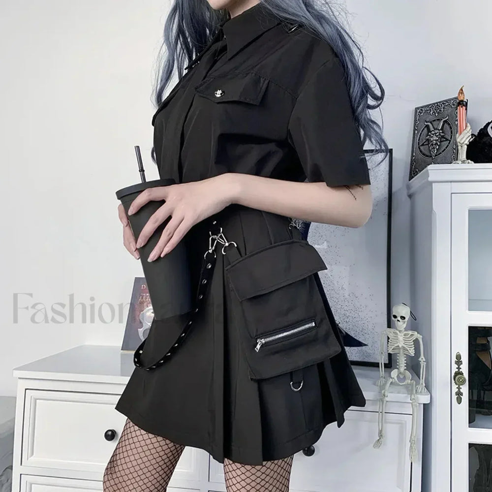 Black Functional Gothic Pleated High Waist Harajuku Skirt