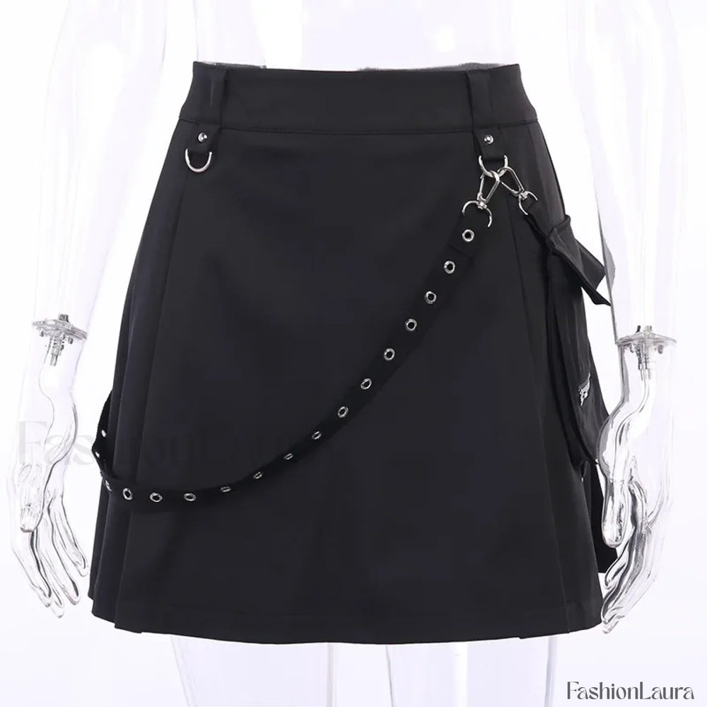 Black Functional Gothic Pleated High Waist Harajuku Skirt BLACK / S