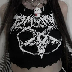 Black Print Grunge Summer Punk Head Goat Goth Knitted Sexy Sleeveless Crop O neck Top