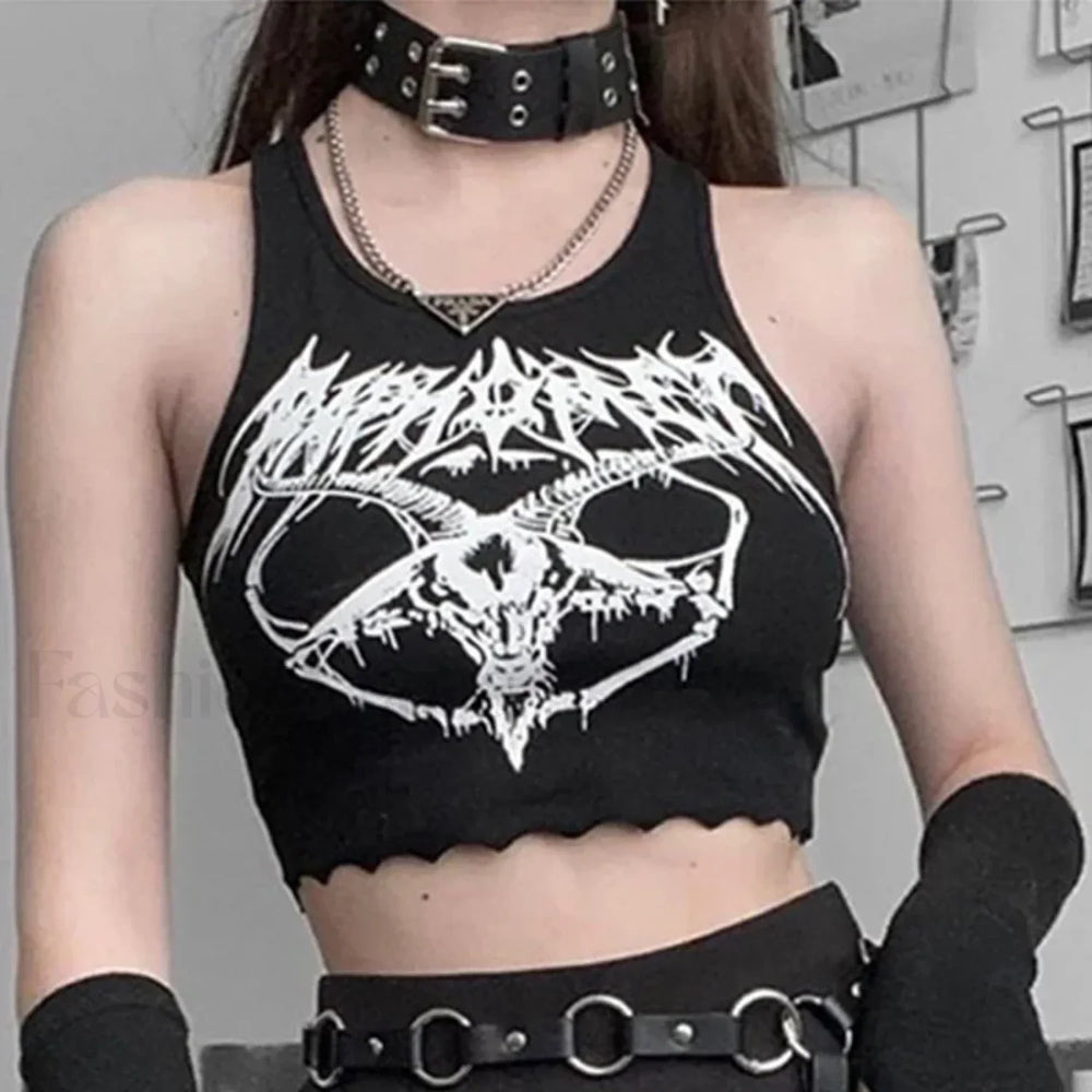 Black Print Grunge Summer Punk Head Goat Goth Knitted Sexy Sleeveless Crop O neck Top