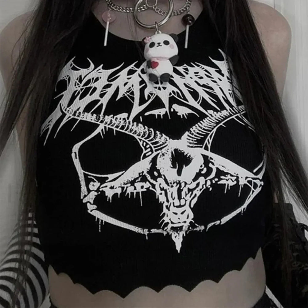 Black Print Grunge Summer Punk Head Goat Goth Knitted Sexy Sleeveless Crop O neck Top