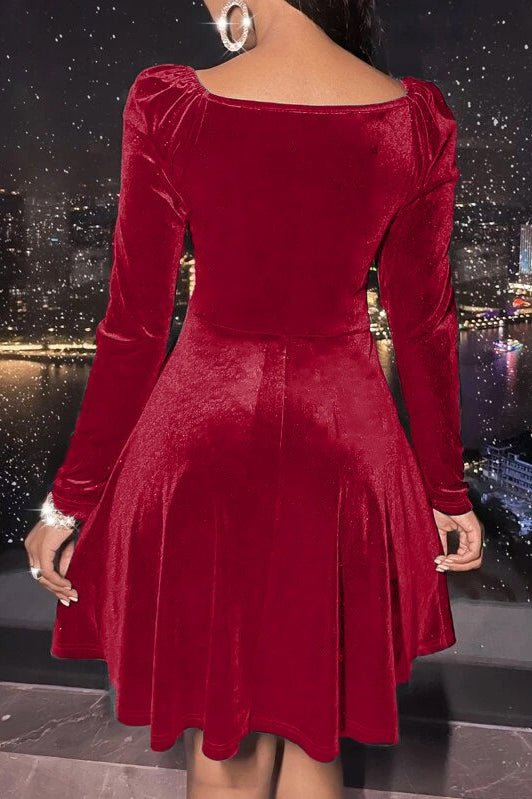 Velvet Solid Long Sleeve V-neck Midi Dress