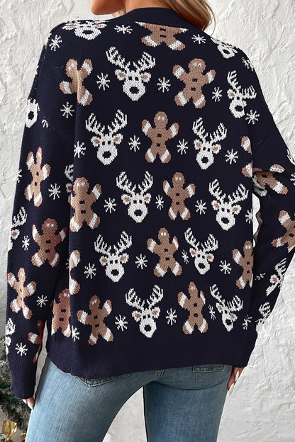 Reindeer Print Plush Knit Christmas Cardigan
