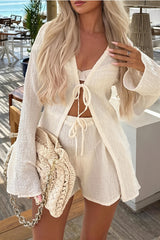 Tie Front Cover Up and Drawstring Shorts Set