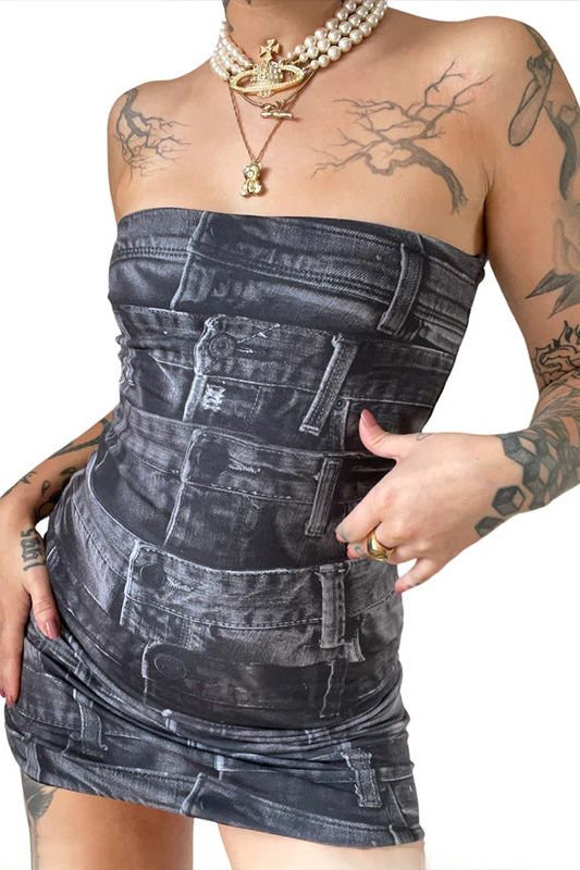 Printed Denim strappy dress