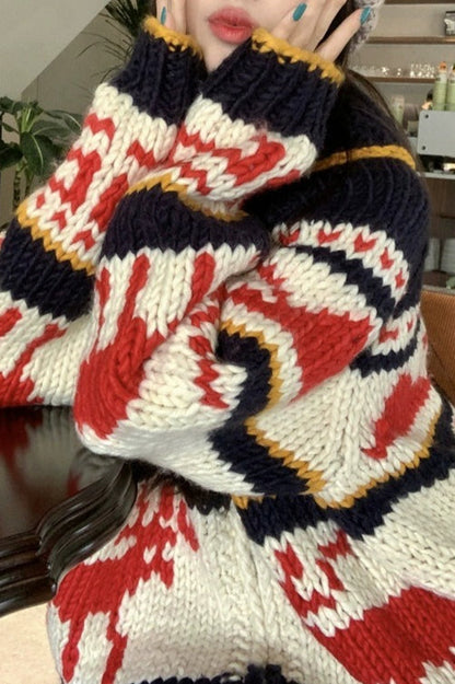 Knitted Relaxed Christmas Deer Striped Sweater