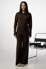 Round Neck Button Cardigan Flared Pants Knit Set