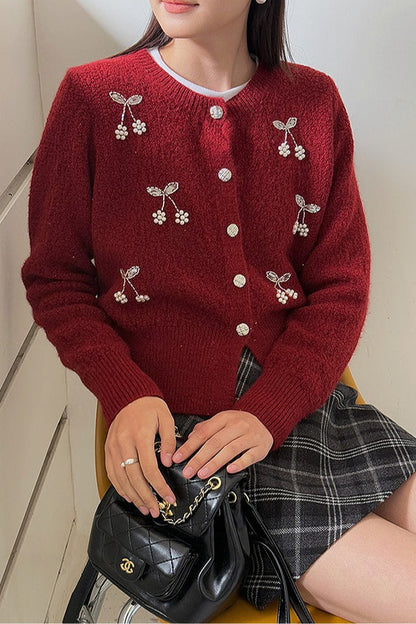 Embroidered 3D Cherry Knit Christmas Cardigan
