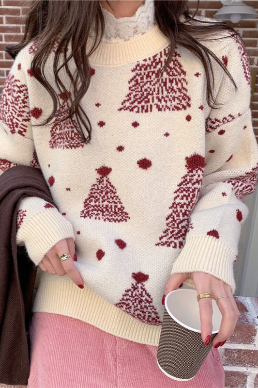 Color Block Snowflake Christmas Tree Pattern Knit Sweater